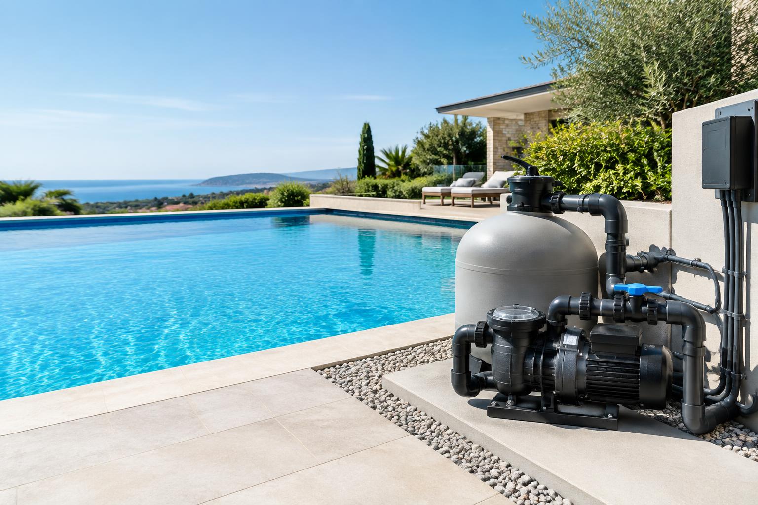 Pool pump and filtration equipment beside blue water